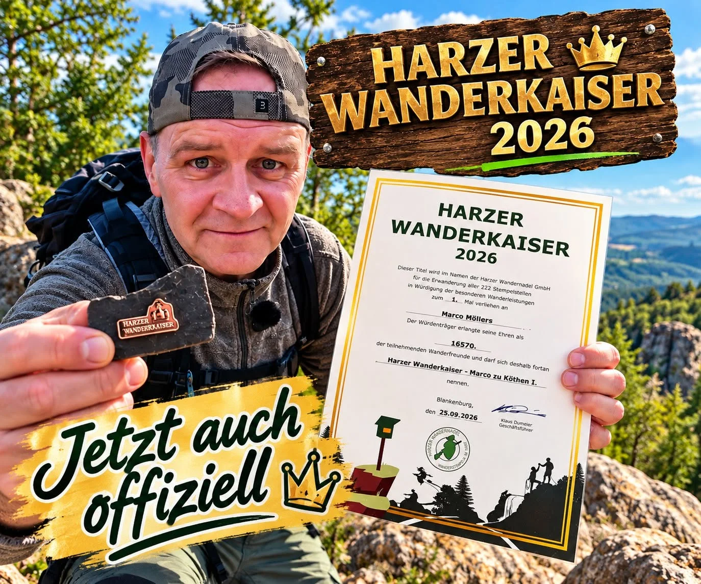 Marco zeigt seine Urkunde und Auszeichnung als Harzer Wanderkaiser 2026